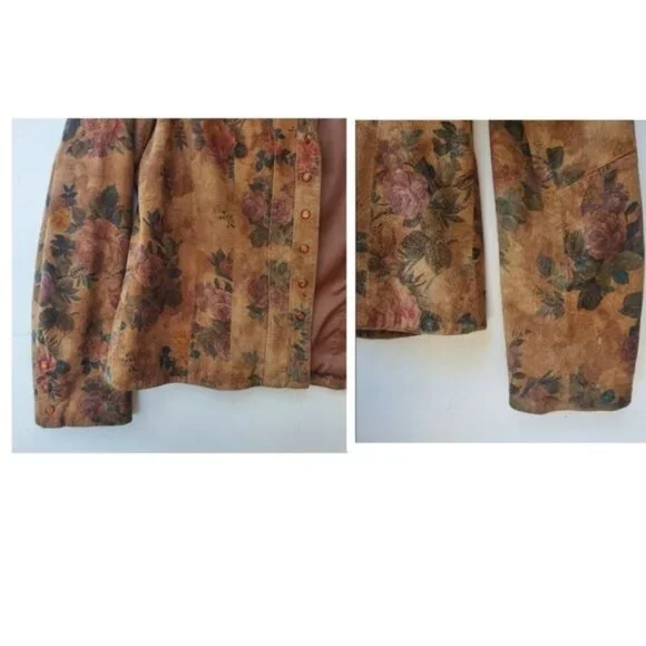 Leather Suede Jacket Cottagecore Romantic Floral Snap Down Vintage - Picture 6 of 16